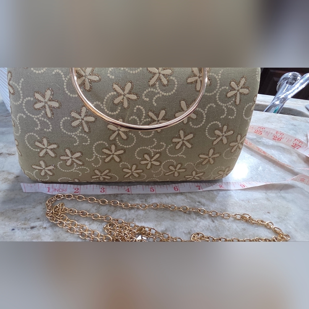 Gold Floral Box Clutch w/ Top Handle + Detachable Chain Strap - Picture 9 of 10